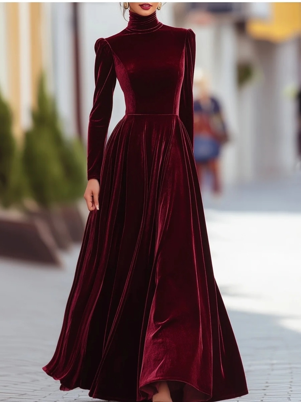 NWT MOOYIUS Burgundy Velvet Maxi Dress Puff Sleeve High Neck Size M